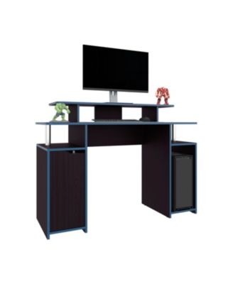 Wengue Gaming Desk with Blue Accents Six Shelves and Storage Door Compact Design for Organized Gaming Setups