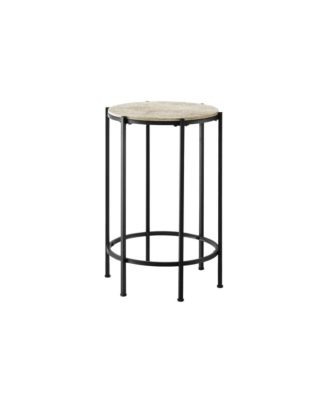 Accent Table, End, Round, Side Table, Small, Lamp, Living Room, Bedroom, Nightstand, Cream Stone Laminate, Black Metal, Contemporary