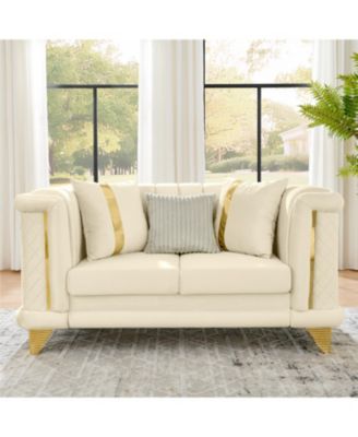 69" Velvet Loveseat Sofa, Gold Trim, Tufted, Pillows, Beige