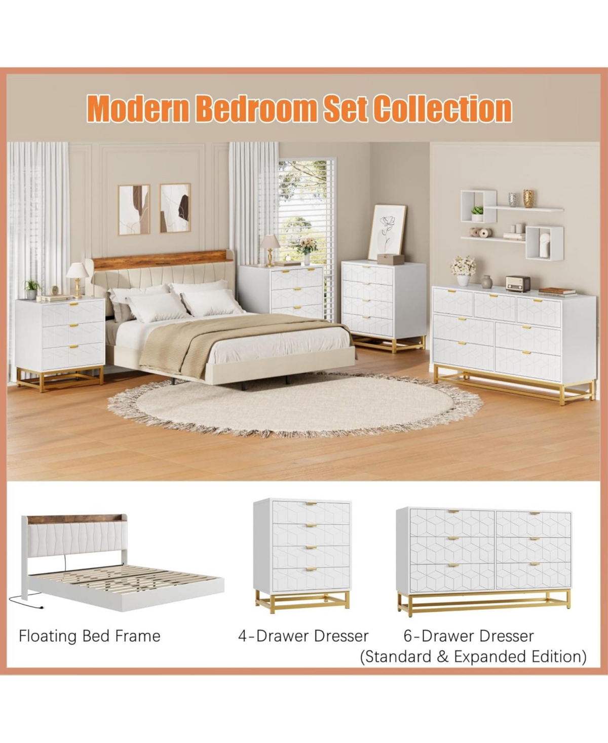 gaomon 53.5" Wide Modern 6 Drawer Dresser, Chest with Gold Metal Legs & Handles, Wood Storage Organizer for Bedroom, Living Room, Hallway