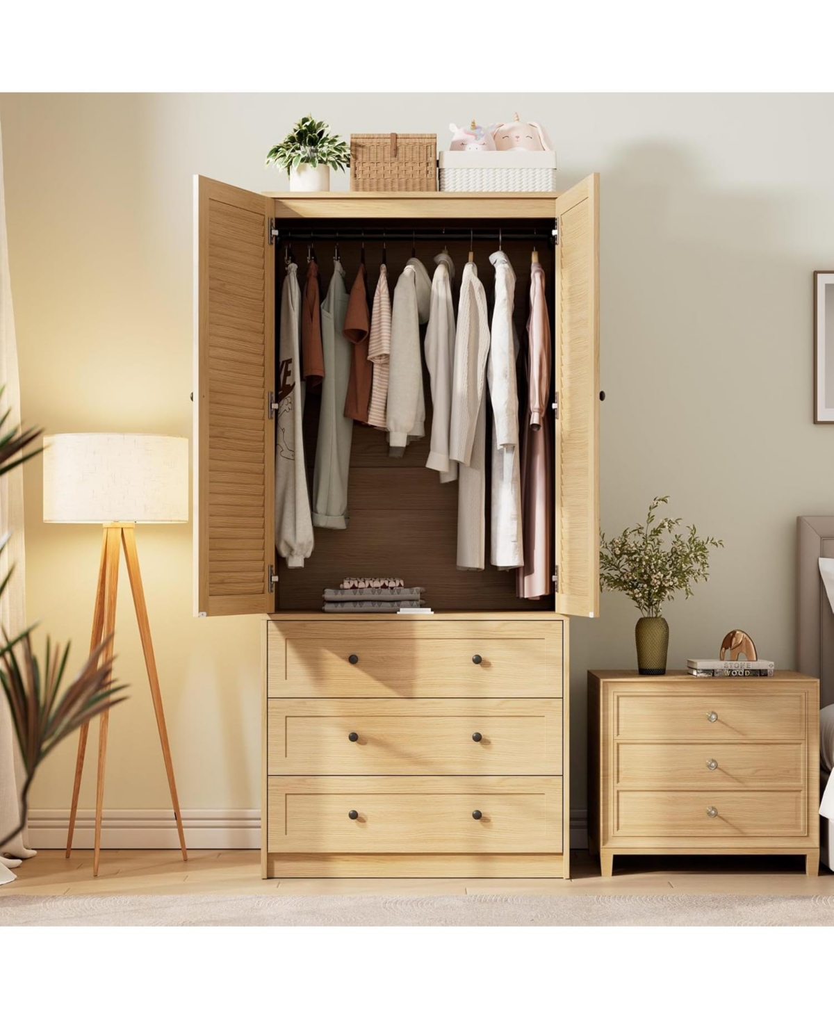 gaomon Modern Armoire Wardrobe Closet with 3 Drawers & 2 Doors, Tall Standing Wooden Cabinet for Hanging Clothes, Heavy Duty Storage