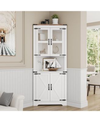 67" Tall Corner Storage Cabinet with Lights, Farmhouse Wooden Corner Hutch with Glass Doors, Adjustable Shelves, Display Cabinet