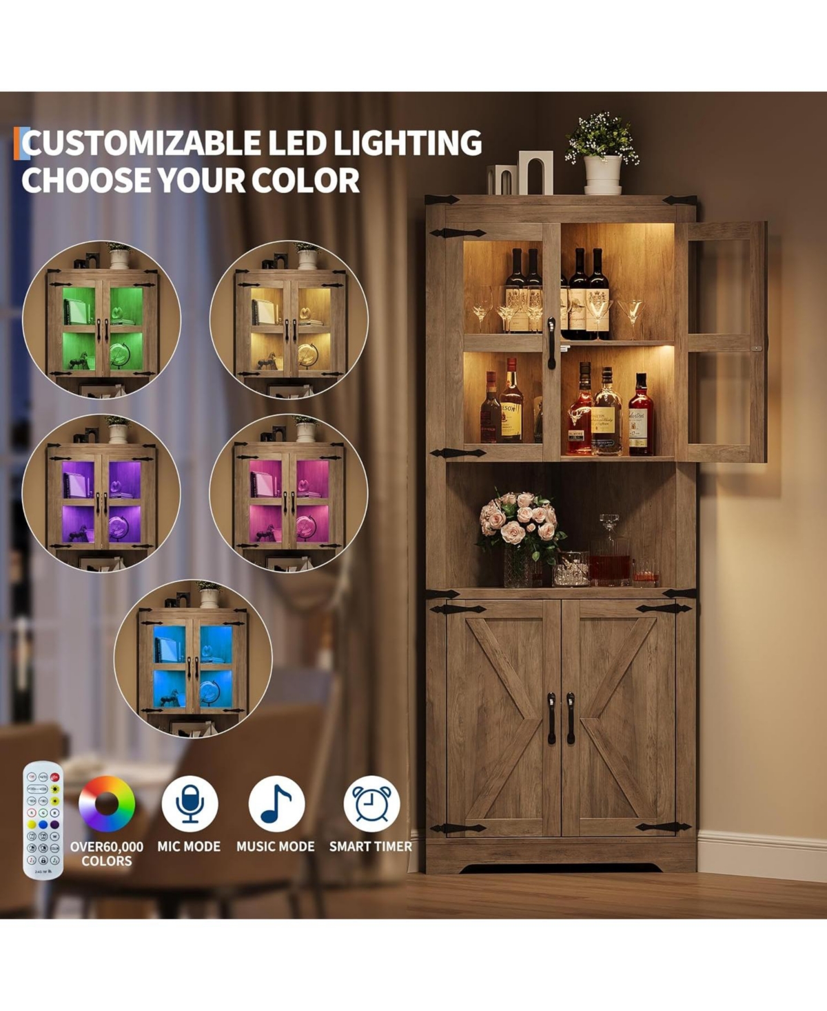 Gaomon 67" Tall Corner Storage Cabinet with Lights, Farmhouse Wooden Corner Hutch with Glass Doors, Adjustable Shelves, Display Cabinet