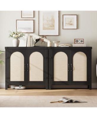 31.5" Small Rattan Buffet Cabinet with Storage, Coffee Bar Sideboard with Adjustable Shelves & Doors, Boho Farmhouse Cabinet