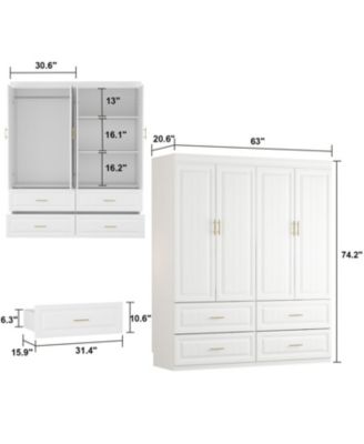 Wooden 4-Door Super Large Bedroom Armoire Wardrobe with Hanging Bars