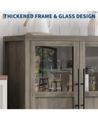 55" Sideboard Buffet Cabinet with 4 Glass Doors, Display Coffee Bar & Wine Storage, Modern Farmhouse Credenza for Dining Room, Kitchen, Living Room