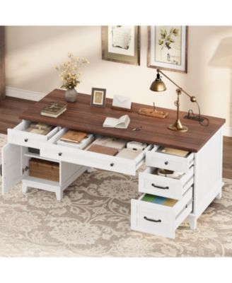 60" Farmhouse Executive Desk with File Drawers, Charging Station, Cabinet Storage, Home Office Computer Writing Desk