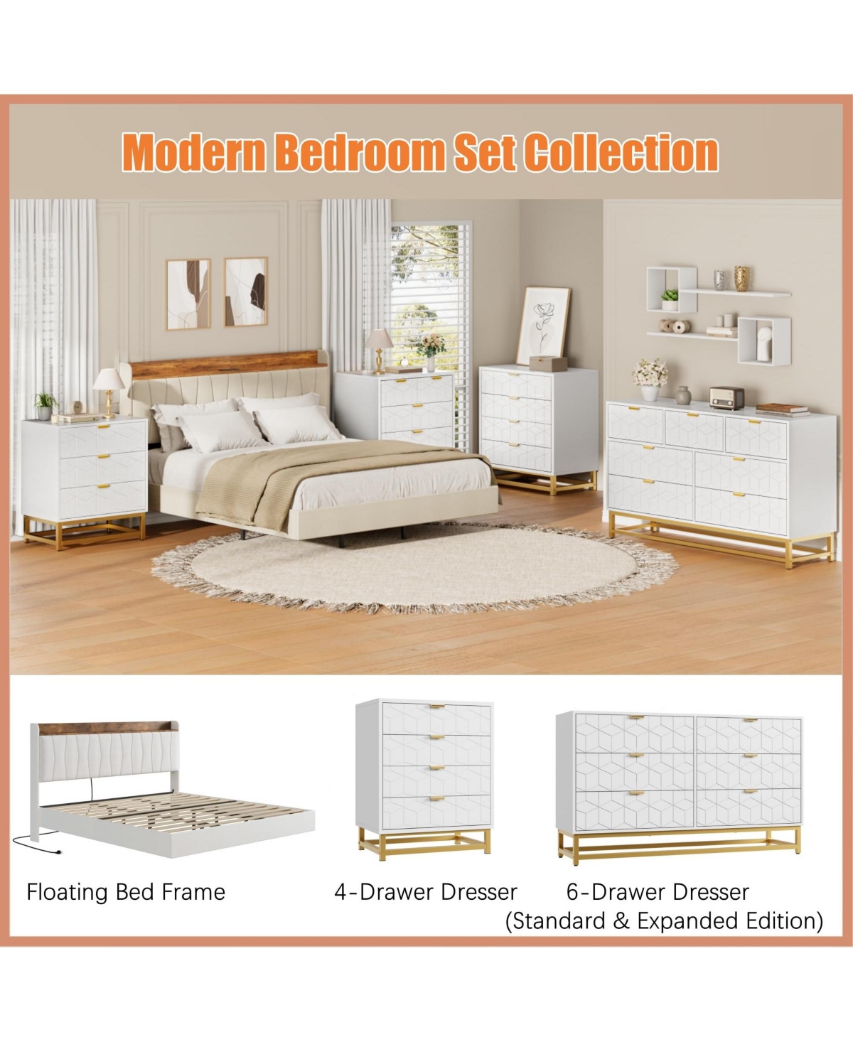 gaomon 53.5" 6-Drawer Dresser for Bedroom, Wide Modern Storage Chest with Metal Legs, Organizer Cabinet Entryway or Living Room
