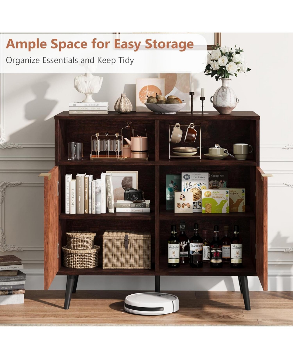 31.5" Sideboard Buffet Cabinet, Farmhouse Kitchen Storage Cabinet with Burl Texture and 2 Open Shelves, Coffee Bar for Dining Room or Living Room