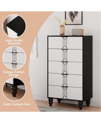 5-Drawer Wooden Oak & Gold Modern Tall Dresser with Deep Storage