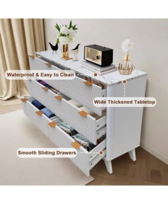 54" Farmhouse Style 6-Drawer Chest with Faux Marble Top, Wide Wood Dresser for Bedroom & Living Room