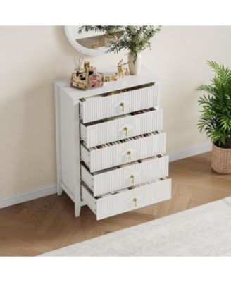 Fluted Dresser for Bedroom 43" Tall, 5-Drawer Modern Wood Chest, Space-Saving Storage Cabinet for Living Room, Hallway, or Entryway