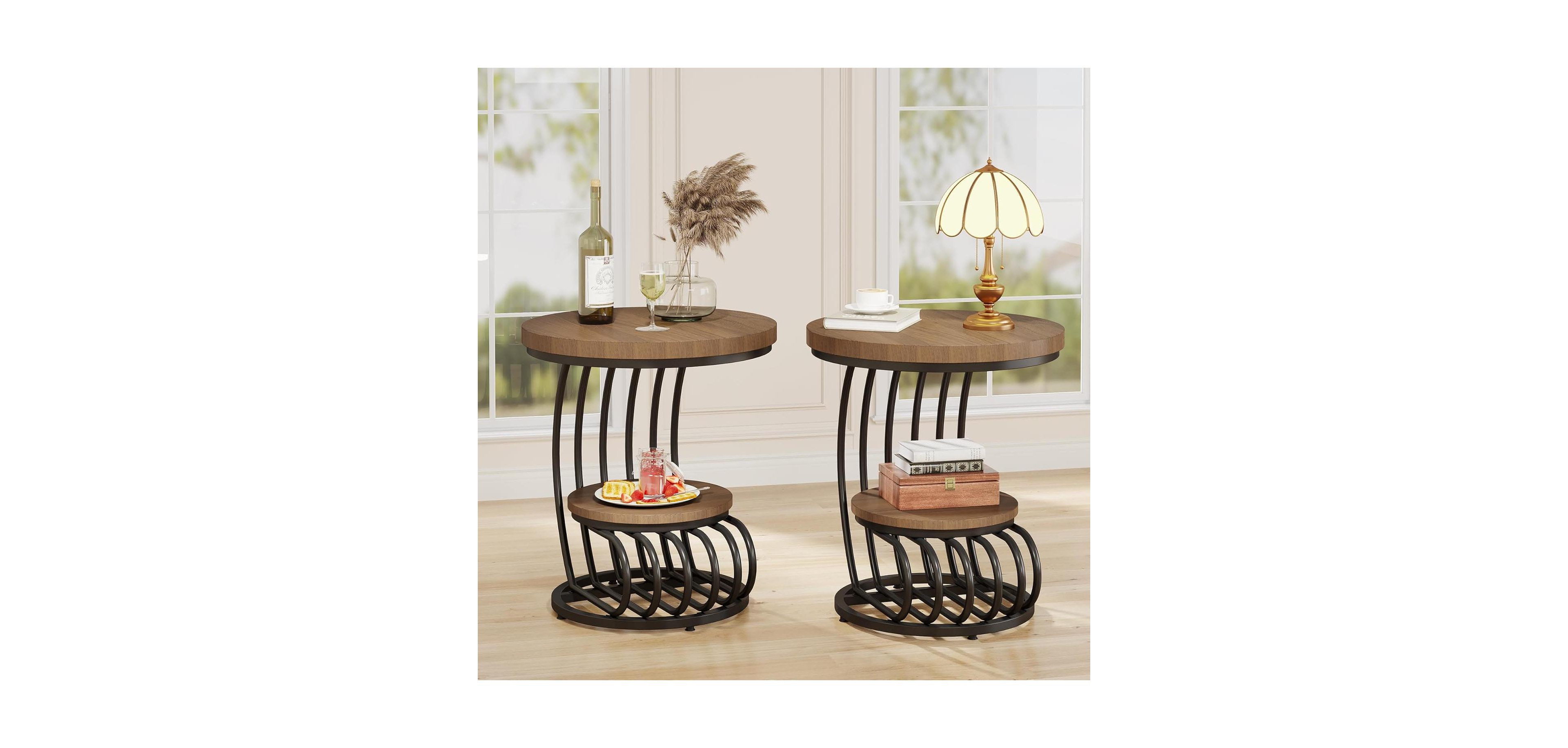 Tribesigns Round End Side Table Set of 2: Side Table with 2 Tiers Storage Shelves, Vintage End Table