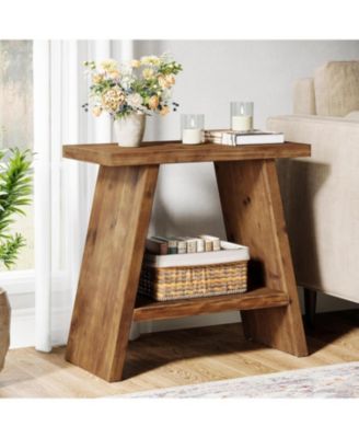 Solid Wood End Table for Living Room, Narrow Small Side Table with 2-Tier Storage