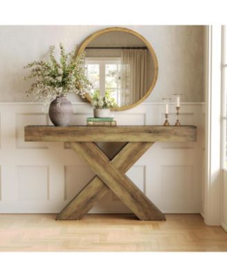 Console Table, 55-Inch Entryway Table with X-Shaped Design, Narrow Sofa Table, Rustic Brown