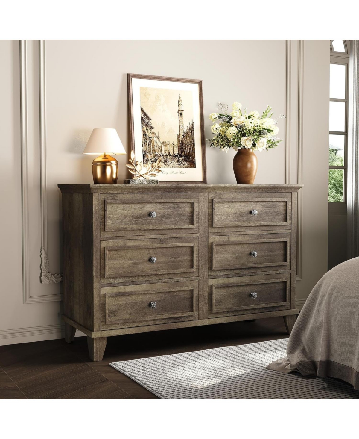 gaomon 6 Drawer Dresser,Wooden Chest of Drawers with Metal Handles,Wide Storage Dresser Tv Stand for Bedroom,Living Room - Grey