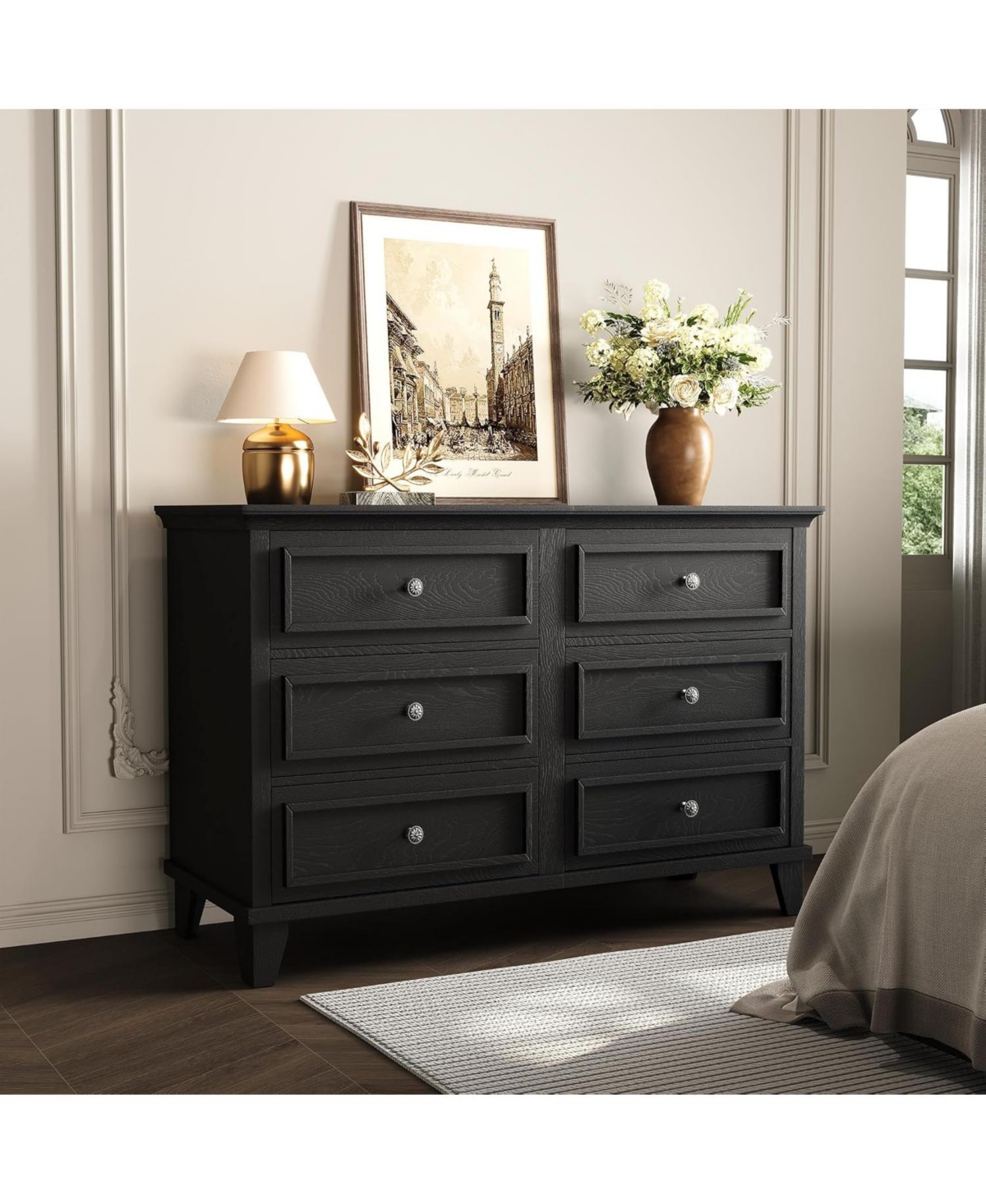 gaomon 6 Drawer Dresser,Wooden Chest of Drawers with Metal Handles,Wide Storage Dresser Tv Stand for Bedroom,Living Room - Black