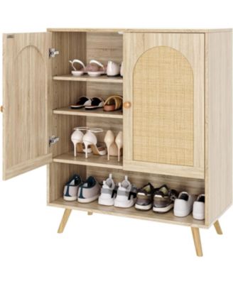 Rattan Shoe Cabinet with Doors, 4-Tier Entryway Shoe Organizer with Woven Rattan Panels and Adjustable Shelves for Hallway or Living Room