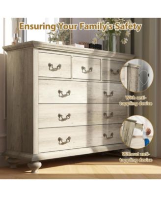 Rustic Grey 9-Drawer Bedroom Dresser, 37.8" Tall Wood Chest with Wide Drawers & Carved Metal Handles, Sturdy Organizer for Living Room Hallway