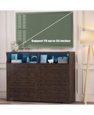 8-Drawer Bedroom Dresser with Charging Station & LED Lights, Modern Wide Wooden Chest for Bedroom Living Room Hallway Entryway