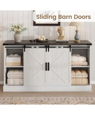 59" Farmhouse 4-Drawer Barn Door Dresser, Wide Wood Storage Chest and TV Stand for Bedroom or Entryway