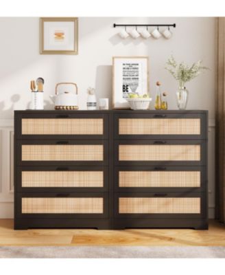 Modern Rattan 4-Drawer Wood Dresser with Power Station, Tall Storage Chest for Bedroom, Hallway, Entryway, or Living Room