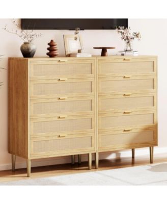 44-Inch Modern Boho Rattan 5-Drawer Dresser with Gold Legs and Handles, Anti-Tip Design for Bedroom and Living Room