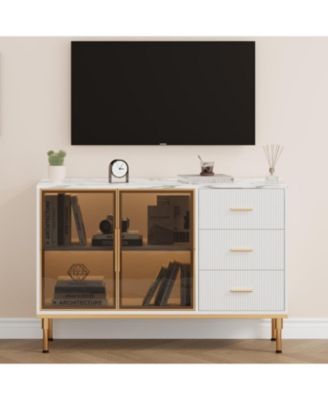 46.4" Fluted Buffet Sideboard Cabinet, Large Kitchen Storage with 2 Glass Doors, 3 Drawers & Shelves, Faux Marble Top Table