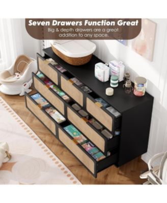 Rattan 7-Drawer Bedroom Dresser, Tall Modern Chest with Deep Drawers, Wide Top Wooden Closet Organizer for Living Room, Hallway, Kids Room