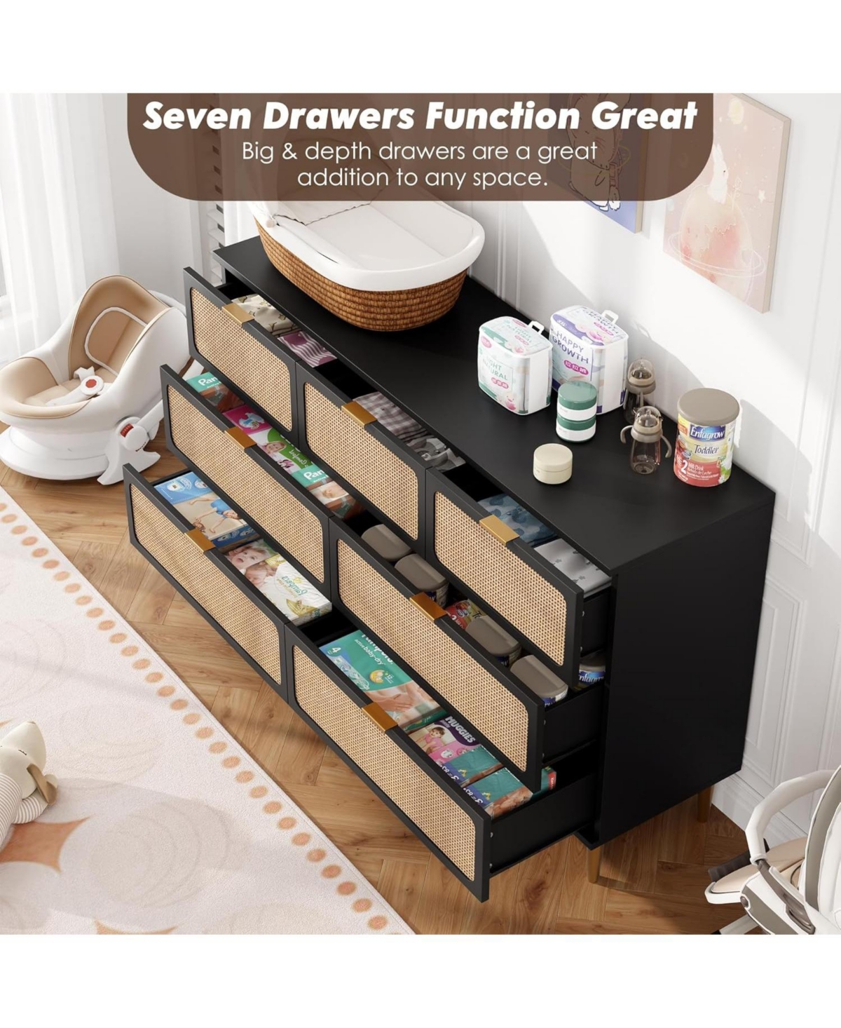 gaomon Rattan 7-Drawer Bedroom Dresser, Tall Modern Chest with Deep Drawers, Wide Top Wooden Closet Organizer for Living Room, Hallway, Kids Room