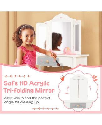 MDF Wood Tri-Folding Acrylic Mirror, Removable Mirror, Anti-Tip Safety, Includes Accessories Kids Vanity Set
