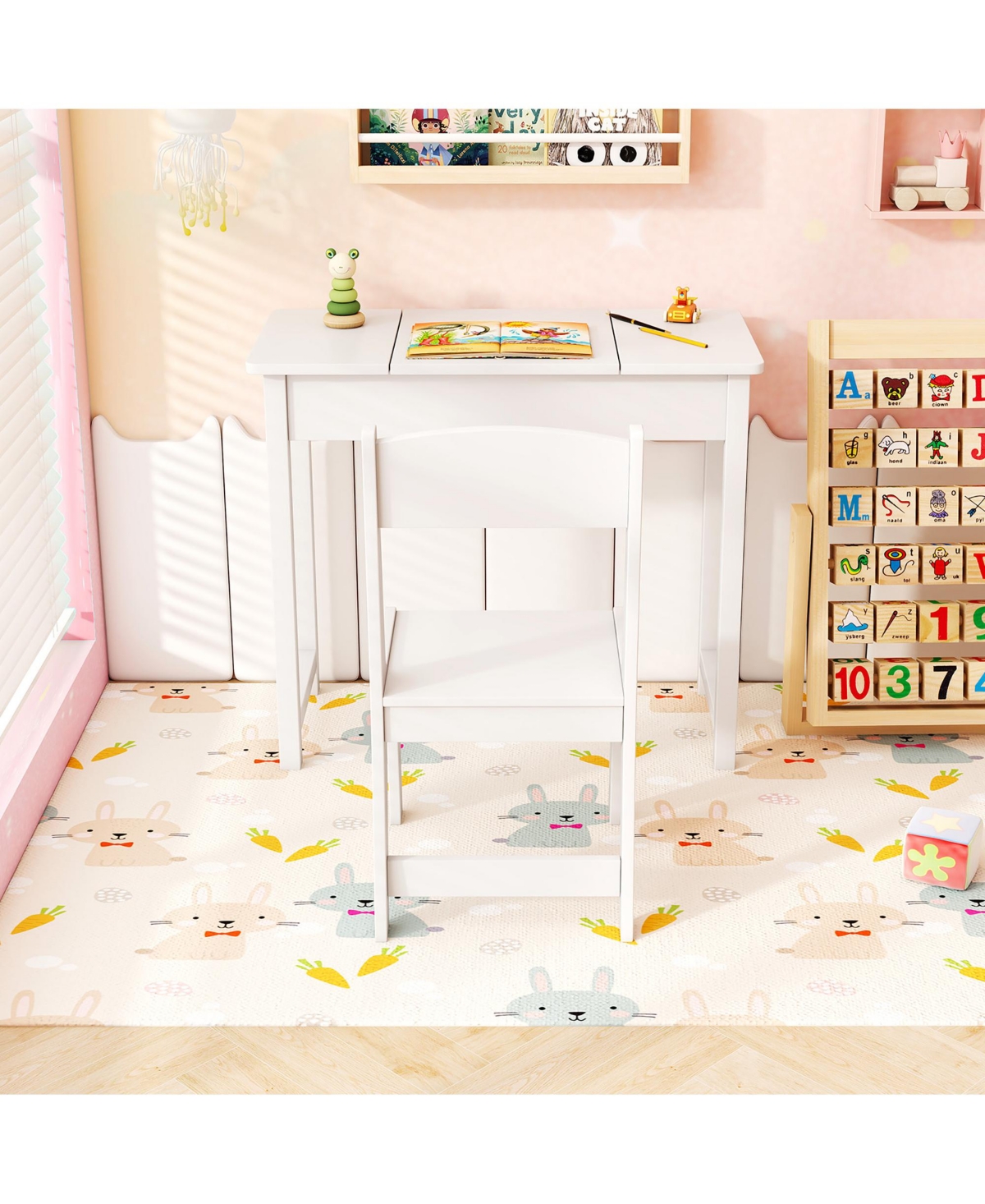 Gymax Kids Vanity Table & Chair Set 2-in-1 Princess Makeup Dressing Desk