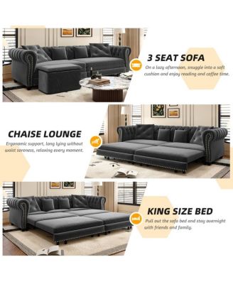 89" Sleeper Sofa Bed, King Size Velvet Pull-Out Couch with Chaise Lounge & Ottoman, 3-in-1 Tufted Sofa for Living Room