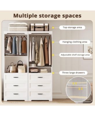 Freestanding Closet System with 3 Wood Drawers, Adjustable Shelves and Hanging Rod, White