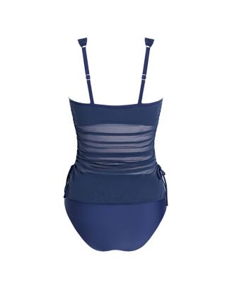 Women's V Neck Mesh One Piece Swimsuit with Drawstring Detail