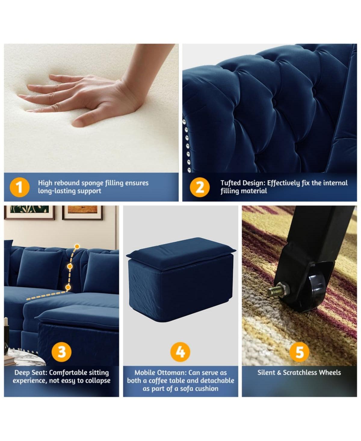 Maison Boucle 89" Sleeper Sofa Bed, King Velvet Pull-Out Couch with Chaise Lounge & Ottoman, 3-in-1 Tufted for Living Room