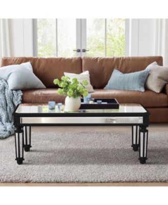 Silver Mirrored Coffee Table Black Carved Wood Rectangle Glass Tea Table