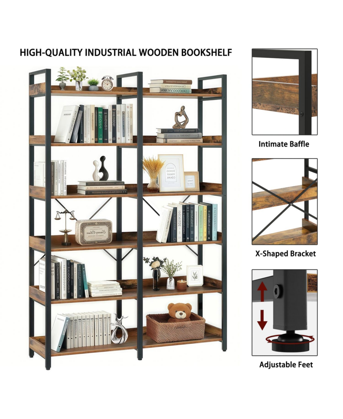 Streamdale 6-Tier Industrial Bookshelf, 67" Open Shelf Bookcase, Metal Frame, Brown