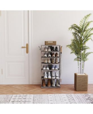 Streamdale 7-Tier Shoe Rack Organizer with Hooks, Entryway Shoe Tower, Rustic Gray
