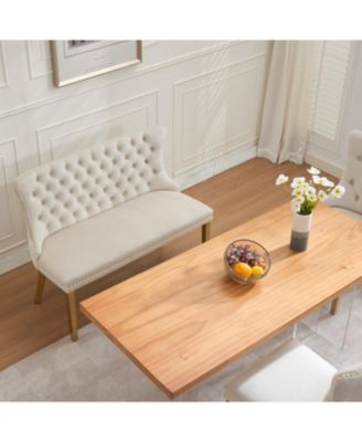 Velvet Dining Loveseat Bench, Tufted 2-Seat, Gold Legs, Mid Century Modern, Beige