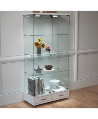 White Glass Display Cabinet w/ Drawers & LED Lights