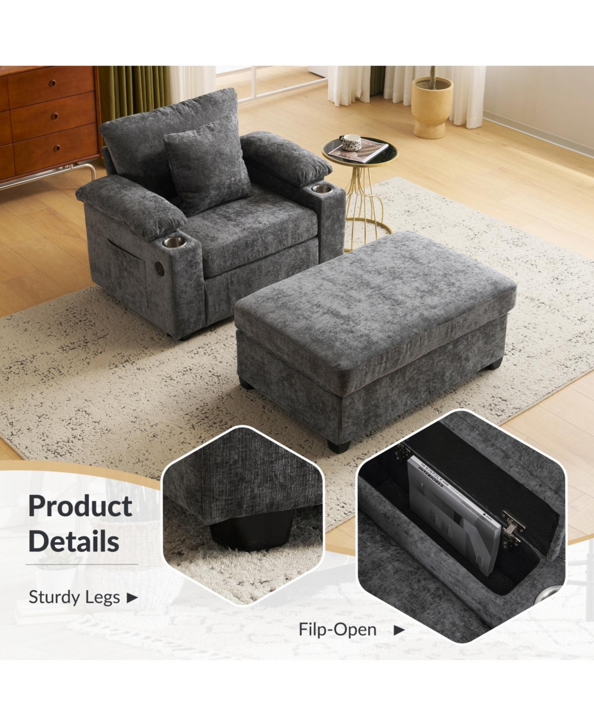 Streamdale Furniture Oversized Chenille Chair with Ottoman Usb & Cupholders