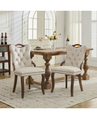 Streamdale Velvet Tufted Dining Chairs, Wood Handles & Legs, Copper Nails, Beige, Set of 2