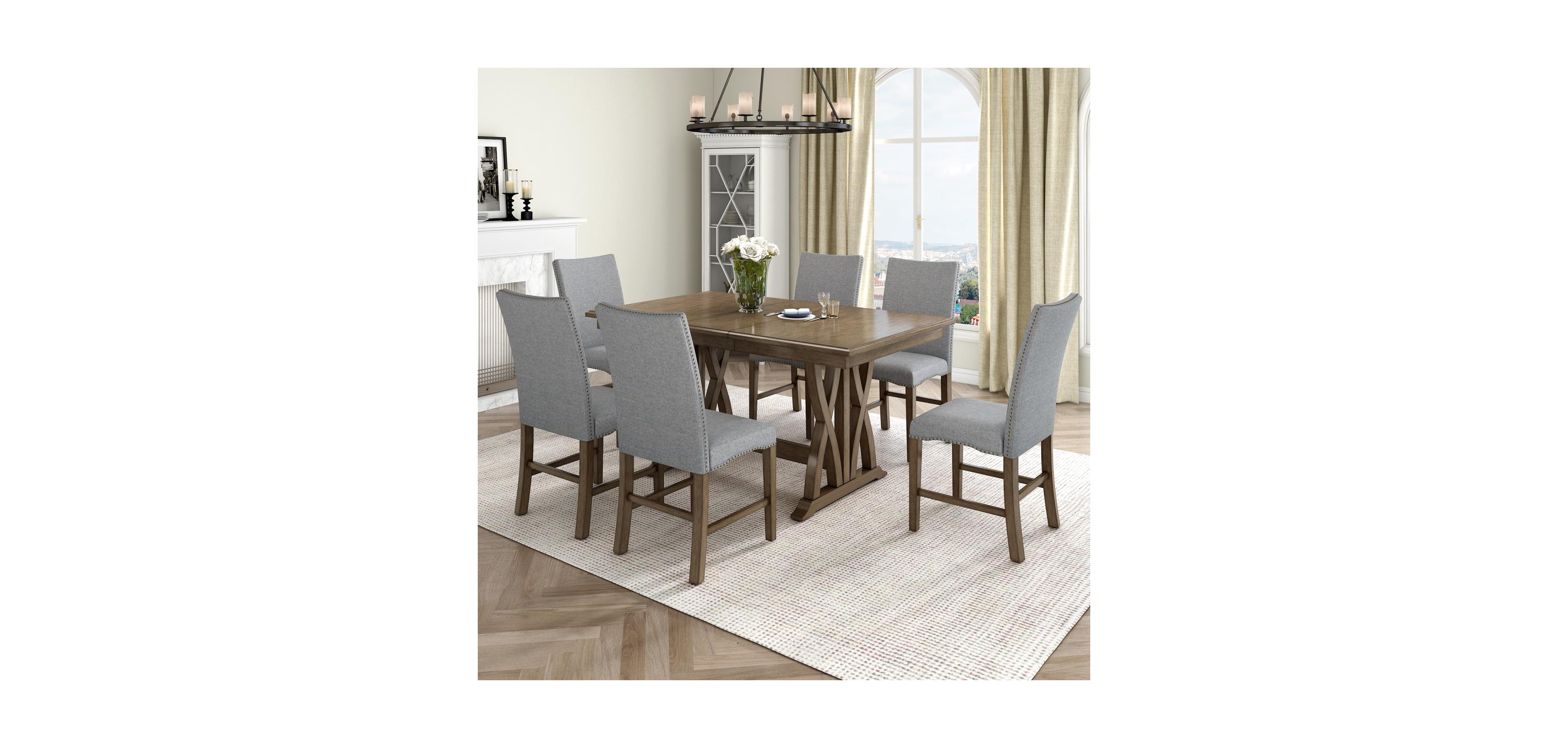 Streamdale Furniture Streamdale Mid-Century Extendable Dining Set, Solid Wood, 6 Seats, Golden Brown