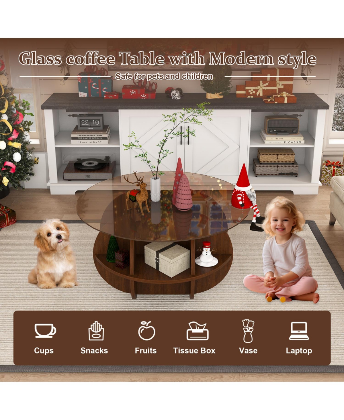 Streamdale Round Coffee Table - Glass Top, Walnut Brown