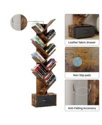 Rustic Brown 9-Tier Tree Bookshelf with Drawer