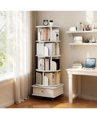 Rotating Bookshelf with Wheels & Drawer - White
