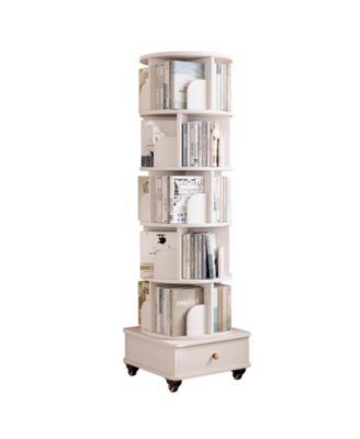 Rotating Bookshelf with Drawer, 6-Tier Corner Bookcase, White