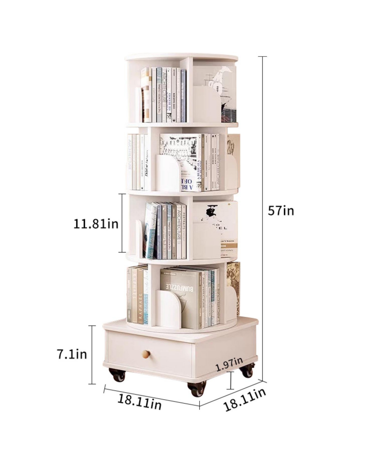 Streamdale Furniture Rotating 5-Tier Corner Bookshelf with Drawer (White)