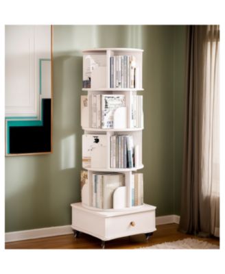  Rotating 5-Tier Corner Bookshelf with Drawer (White)